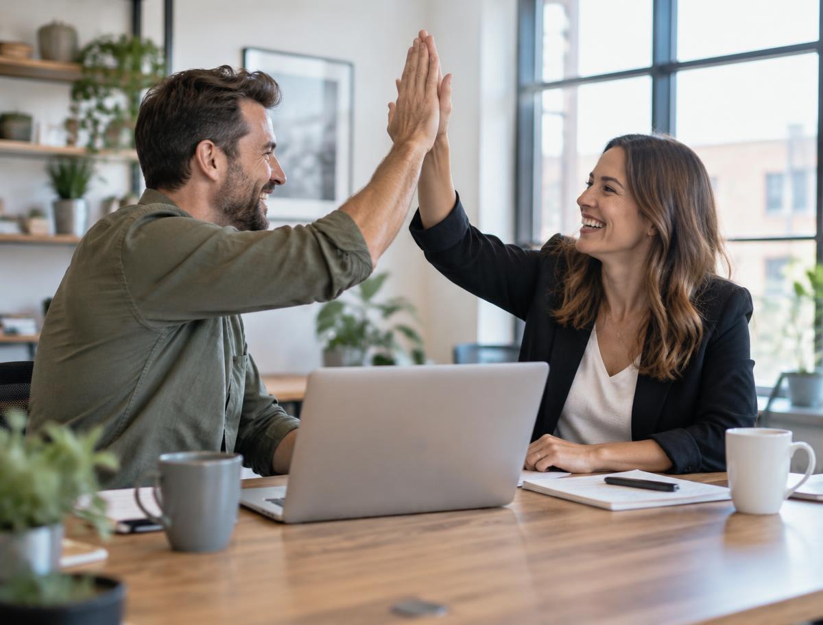Two agency owners high-fiving across a desk with a laptop